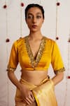 Buy_Mimamsaa_Yellow Satin Silk Placement Embroidery Sequins V Neck Saeeda Blouse _at_Aza_Fashions