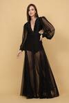 Buy_Priyanka Jain_Black Nylon Structured Textured Plunge Neck Layered Gown _at_Aza_Fashions