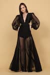 Buy_Priyanka Jain_Black Nylon Structured Textured Plunge Neck Layered Gown _Online_at_Aza_Fashions