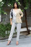 Buy_Gulaal_Grey Cotton Notch Collar Color Block Blazer And Pant Set _at_Aza_Fashions