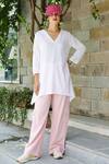 Gulaal_White Cotton Lace V-neck A-line Tunic And Cargo Pant_at_Aza_Fashions