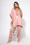 Buy_Nemaani_Pink Moss Satin Embroidered Mirror Notched Kaftan Tunic And Salwar Set _at_Aza_Fashions