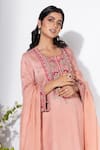 Shop Nemaani Pink Modal, Chiffon Embroidery, Mirrors Round Neck And Thread Kurta Pant Set at Aza Fashions Shop_Nemaani_Pink Modal, Chiffon Embroidery, Mirrors Round Neck And Thread Kurta Pant Set _at_Aza_Fashions