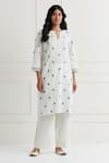 Nemaani_Off White Cotton Embroidered Thread Notched Kurta And Pant Set _at_Aza_Fashions