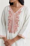 Nemaani Off White Cotton Embroidery V-neck Tonal Thread Kurta And Pant Set Online at Aza Fashions Nemaani_Off White Cotton Embroidery V-neck Tonal Thread Kurta And Pant Set _Online_at_Aza_Fashions