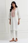 Buy Nemaani Off White Cotton Embroidery V-neck Tonal Thread Kurta And Pant Set Online at Aza Fashions Buy_Nemaani_Off White Cotton Embroidery V-neck Tonal Thread Kurta And Pant Set _Online_at_Aza_Fashions