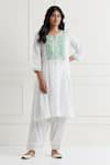Buy_Nemaani_White Cotton Embroidery, Lace Split V-neck Thread Kurta And Pant Set _at_Aza_Fashions