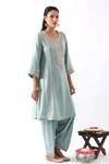 Nemaani_Blue Chanderi Silk Embroidery Floral Round Neck Flower Kurta Salwar Set _at_Aza_Fashions