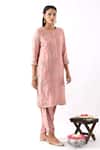 Shop_Nemaani_Pink Chanderi Silk Embroidery Floral Round Neck Flower Kurta Dhoti Pant Set _Online_at_Aza_Fashions