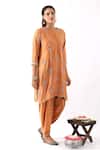 Buy_Nemaani_Orange Chanderi Silk Embroidery Floral Round Neck Kurta Dhoti Pant Set_Online_at_Aza_Fashions