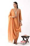 Buy_Nemaani_Orange Chanderi Silk Embroidery Floral V Neck Dori Kurta Dhoti Pant Set _at_Aza_Fashions