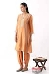 Buy_Nemaani_Orange Chanderi Silk Embroidery Floral V Neck Dori Kurta Dhoti Pant Set _Online_at_Aza_Fashions