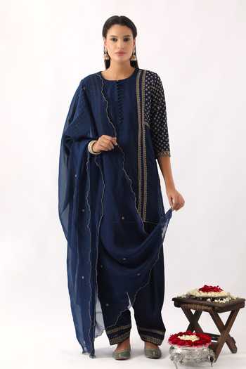 Buy_Nemaani_Blue , Modal, , Cut Work, Clover Bloom Dori Kurta Set _at_Aza_Fashions