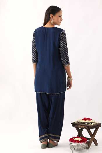 Shop_Nemaani_Blue , Modal, , Cut Work, Clover Bloom Dori Kurta Set _at_Aza_Fashions