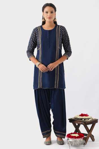 Nemaani_Blue , Modal, , Cut Work, Clover Bloom Dori Kurta Set _Online_at_Aza_Fashions