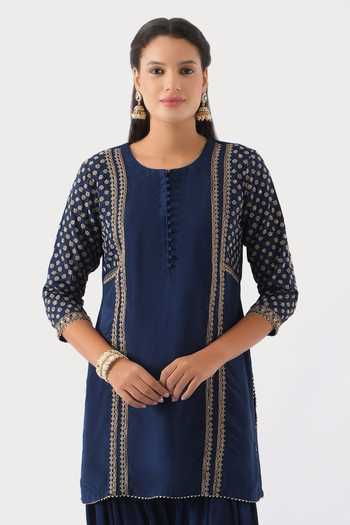 Shop_Nemaani_Blue , Modal, , Cut Work, Clover Bloom Dori Kurta Set _Online_at_Aza_Fashions