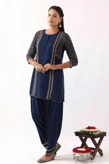Nemaani_Blue , Modal, , Cut Work, Clover Bloom Dori Kurta Set _at_Aza_Fashions