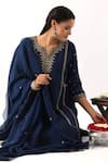 Shop_Nemaani_Blue Habutai Silk Embroidery Dori Notched Round Tulip Bloom Kurta Set _Online_at_Aza_Fashions