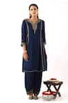 Nemaani_Blue Habutai Silk Embroidery Dori Notched Round Tulip Bloom Kurta Set _at_Aza_Fashions