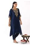 Buy_Nemaani_Blue Habutai Silk Embroidery Dori Notched Bahar Yoke Kaftan With Dhoti Pant _at_Aza_Fashions