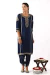 Buy_Nemaani_Blue Habutai Silk Embroidery Dori Round Blossom Sequin Kurta Dhoti Pant Set 