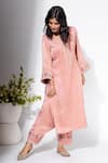 Nemaani_Pink Moss Satin Embroidery Mirror Round Prism Yoke Kurta Set _Online_at_Aza_Fashions