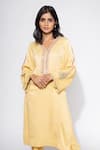 Nemaani_Yellow Moss Satin Embroidery Gullista Fleur V Mirror Kurta Pant Set _Online_at_Aza_Fashions