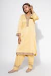 Buy_Nemaani_Yellow Moss Satin Embroidery Wild Bloom V Kurta Set _at_Aza_Fashions