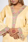 Buy_Nemaani_Yellow Moss Satin Embroidery Wild Bloom V Kurta Set _Online_at_Aza_Fashions