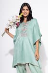 Nemaani_Blue Moss Satin Embroidery Botanic Bloom Notched Round Yoke Kaftan With Salwar _Online_at_Aza_Fashions