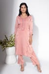 Nemaani_Pink Moss Satin Embroidery Petunia Round Buti Mirror Kurta Pant Set _at_Aza_Fashions