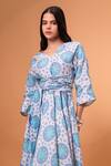 Therealb_Sky Blue Cotton, Linen Embroidery V-neck Mandala Pattern Dress _Online_at_Aza_Fashions