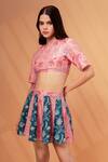 Therealb_Pink Cotton, Linen Embroidery Round Neck Floral Pattern Pleated Skirt With Top _Online_at_Aza_Fashions