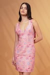 Therealb_Pink Cotton, Linen Embroidery Plunge Neck Floral Pattern Dress _Online_at_Aza_Fashions