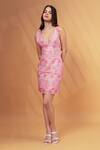 Shop_Therealb_Pink Cotton, Linen Embroidery Plunge Neck Floral Pattern Dress _Online_at_Aza_Fashions