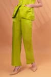 Therealb_Yellow Satin, Linen V-neck Solid Jacket With Pant _at_Aza_Fashions