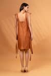 Shop_Therealb_Brown Cotton, Linen V-neck Solid Tie-up Strap Dress _at_Aza_Fashions