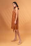 Therealb_Brown Cotton, Linen V-neck Solid Tie-up Strap Dress _at_Aza_Fashions
