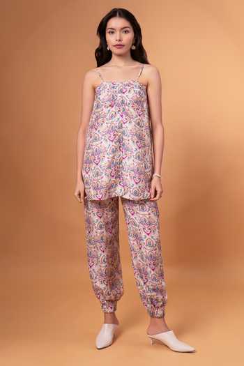 Buy_Therealb_Purple Cotton, Linen Sweetheart Neck Floral Pattern Strappy Top With Pant _at_Aza_Fashions