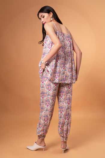 Shop_Therealb_Purple Cotton, Linen Sweetheart Neck Floral Pattern Strappy Top With Pant _at_Aza_Fashions