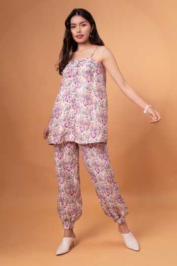 Therealb_Purple Cotton, Linen Sweetheart Neck Floral Pattern Strappy Top With Pant _Online_at_Aza_Fashions