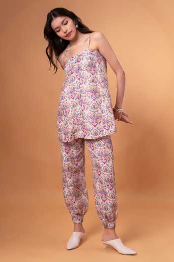 Shop_Therealb_Purple Cotton, Linen Sweetheart Neck Floral Pattern Strappy Top With Pant _Online_at_Aza_Fashions