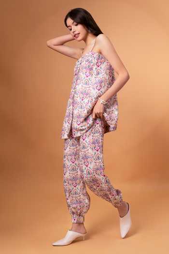 Buy_Therealb_Purple Cotton, Linen Sweetheart Neck Floral Pattern Strappy Top With Pant 