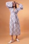 Therealb_White Cotton, Linen V-neck Floral Mandala Print Dress _Online_at_Aza_Fashions