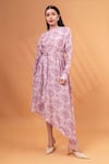 Buy_Therealb_Purple Cotton, Linen Embroidery Round Neck Floral Mandala Print Asymmetric Dress _at_Aza_Fashions