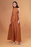 TheRealB_Brown 100% Cotton Linen Plain High Neck Sleeveless Maxi Dress _Online_at_Aza_Fashions