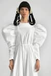 Quod_White 100% Cotton Plain Round Wolf Wing Equinox Sleeve Dress  _Online_at_Aza_Fashions