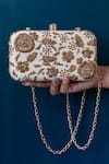Shop_The Tan Clan_Beige Zari Aabish Floral Zardozi Embroidered Clutch _at_Aza_Fashions