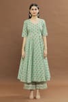 Pomcha Jaipur_Green Cotton, Chiffon Embroidery, Gota Patti Split Floral Print Anarkali Set _Online_at_Aza_Fashions