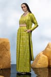 Buy_Mona and Vishu_Green Dupion Silk Embroidered Crystal Lapel Zari Work Trench Coat Wide Leg Pant _at_Aza_Fashions